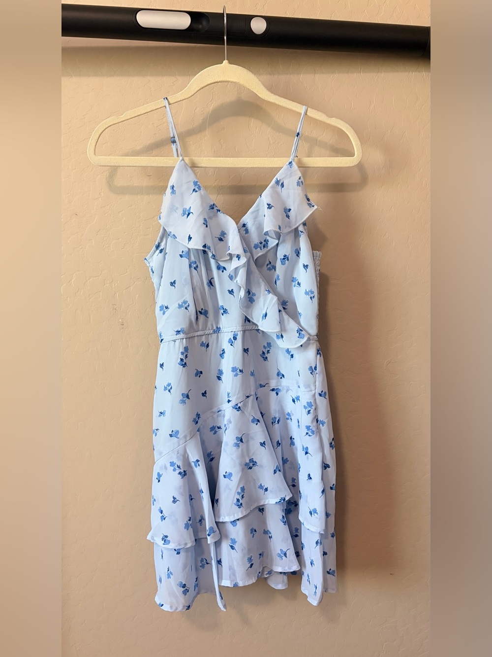 Blue Floral Ruffle romper with Spaghetti Straps and adjustable coverage